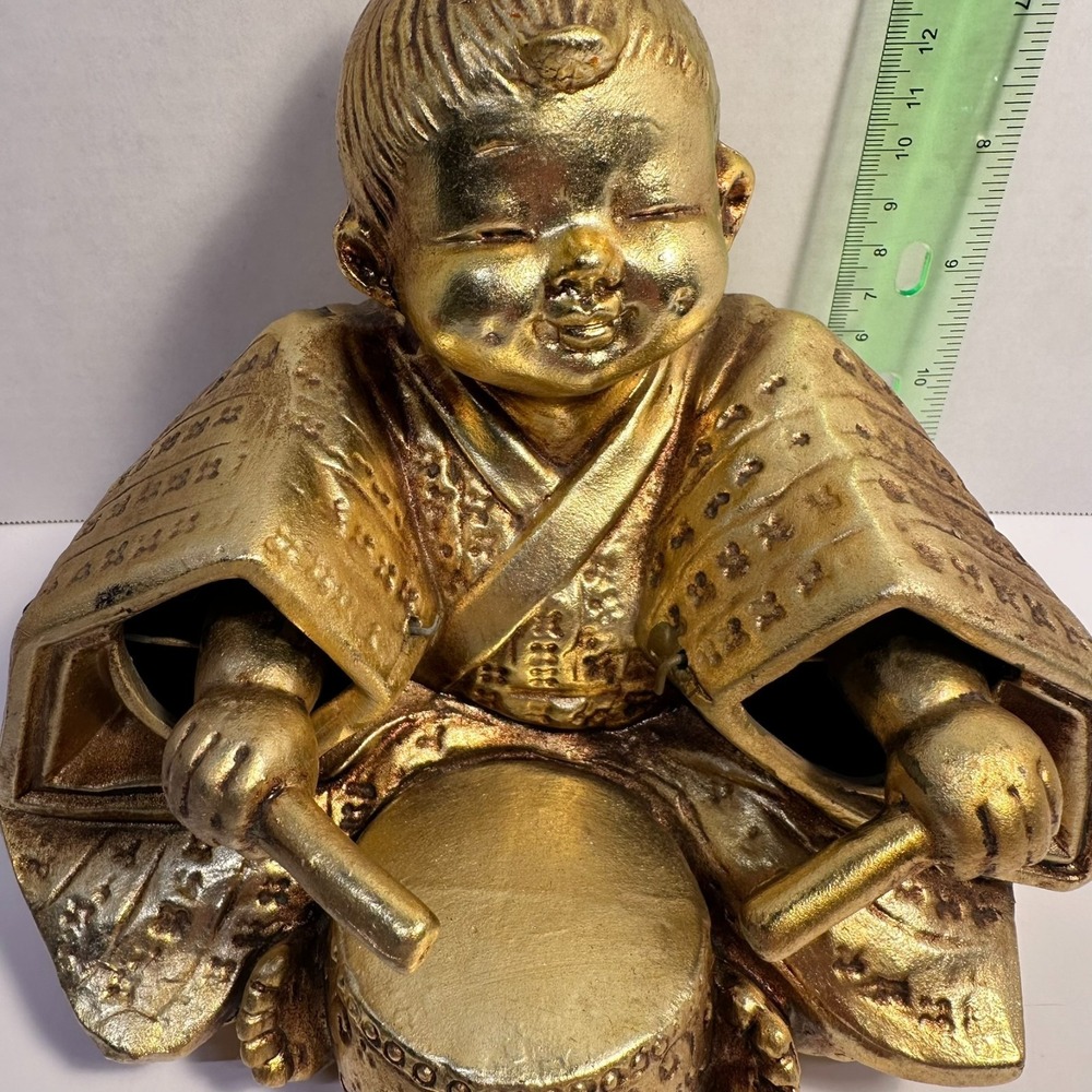 MCM Gold Tone Japanese Child Drummer Figurine OKimono Asian Decor 6 Inch
